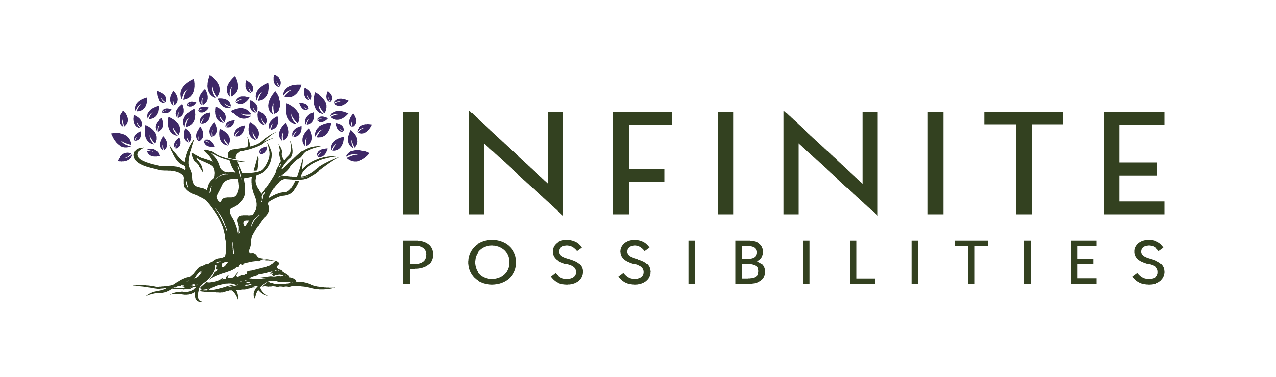 A stylized dark green tree with purple leaves, set against a green background, accompanied by the words "INFINITE POSSIBILITIES" in large, bold letters.