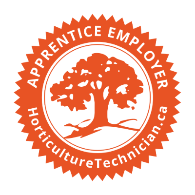 The image features an orange seal with text "Apprentice Employer," an illustration of a tree, and the words "HorticultureTechnician.ca" on a green background.