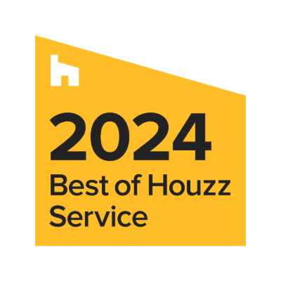 This image shows an award badge stating "2024 Best of Houzz Service" with a bold white font on a golden yellow background, including the Houzz logo.