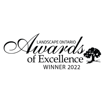 The image shows an award logo that reads "Landscape Ontario Awards of Excellence Winner 2022" with stylized script font and a tree silhouette.