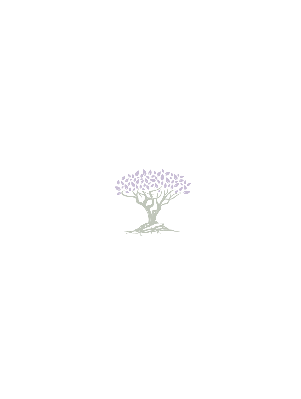 The image features a simplistic purple tree with intricate branches on a solid green background. The tree stands alone with exposed roots.