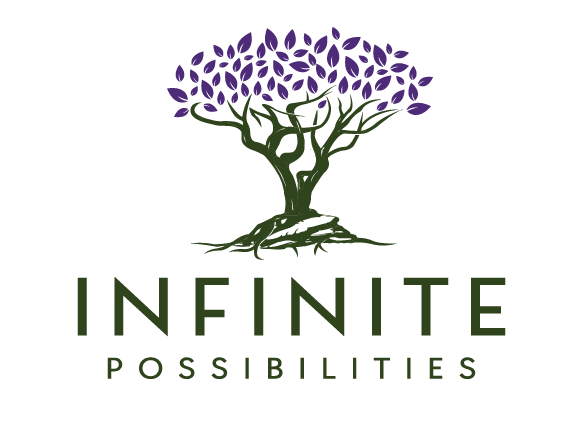 The image features a stylized tree with purple leaves on a dark green background, above the phrase "INFINITE POSSIBILITIES" in capital, serif letters.