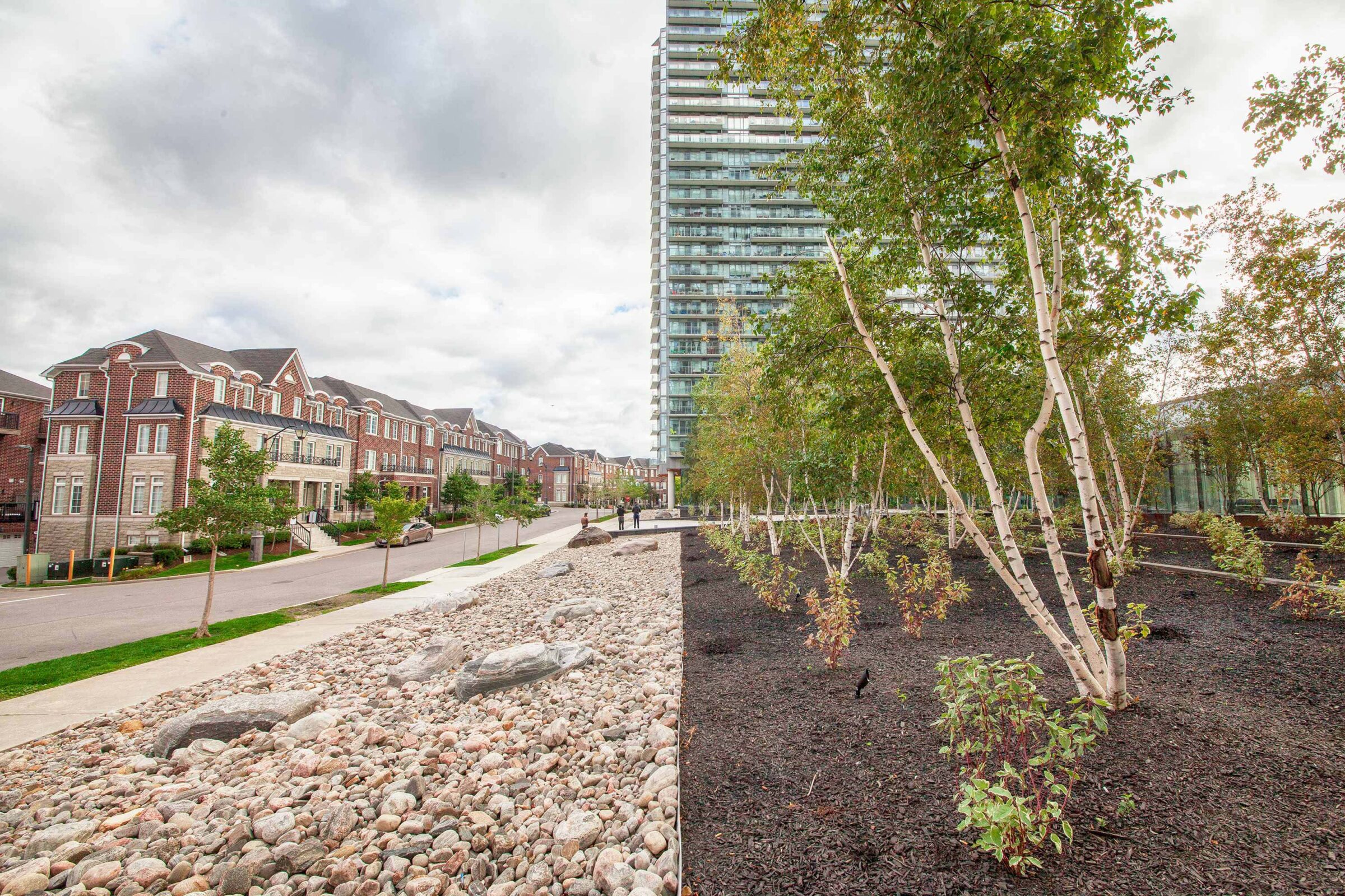 The image shows a contrast between traditional townhouses on the left and a modern high-rise building on the right with a landscaped area featuring young trees.