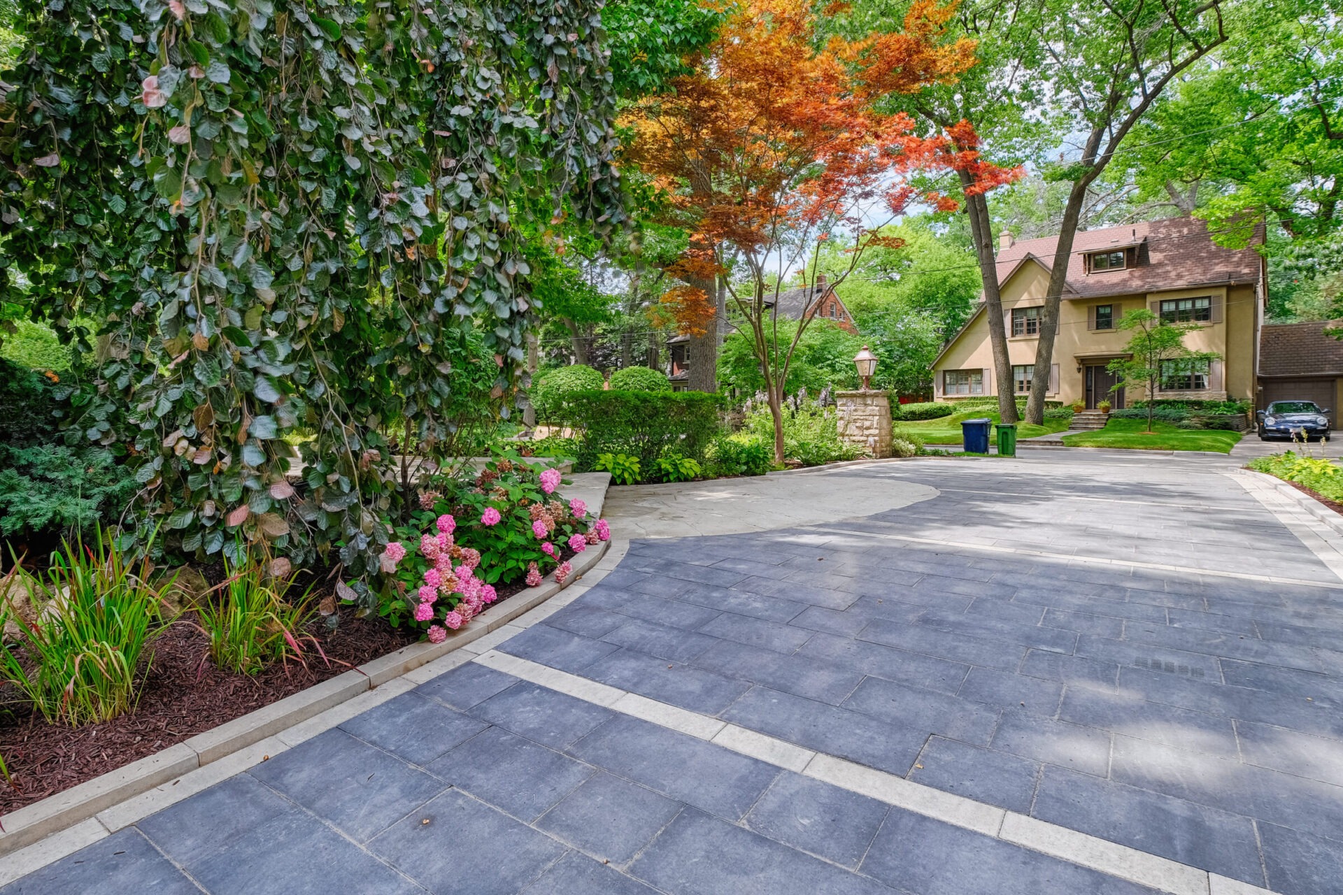 A paved driveway leads to a stately house surrounded by lush greenery, with colorful trees and flowering bushes under a clear sky.