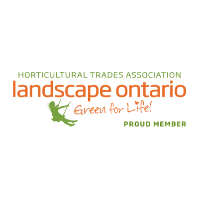 The image is a logo for Landscape Ontario, featuring the text "Landscape Ontario," a green stylized leaf symbol, and the motto "Green for Life."