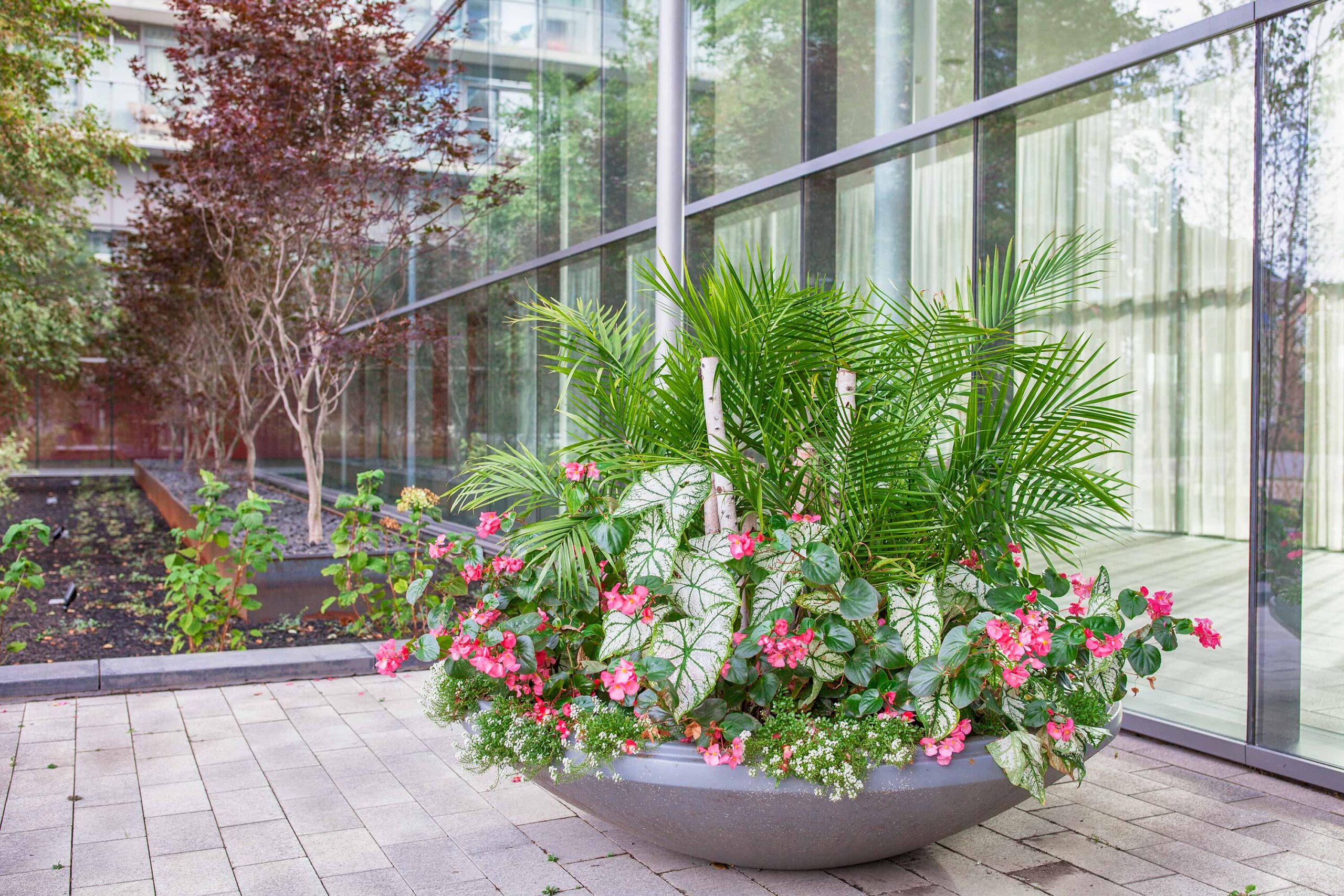 A vibrant planter with various plants and flowers sits on a paved area near a glass-paneled building, with trees and shrubbery visible behind.