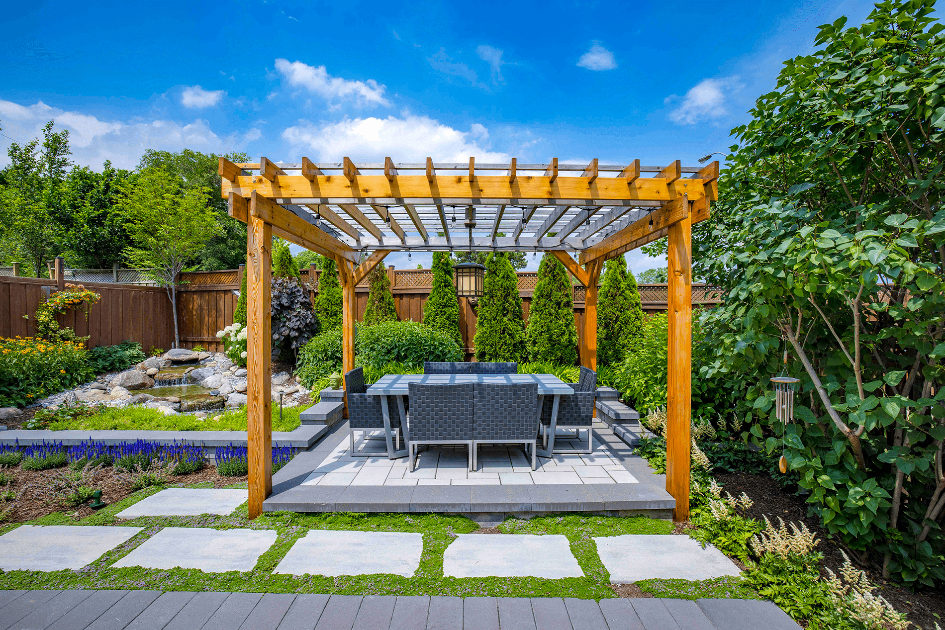 A well-manicured garden with a wooden pergola, outdoor dining furniture, a stone pathway, lush greenery, and a small water feature under a blue sky.