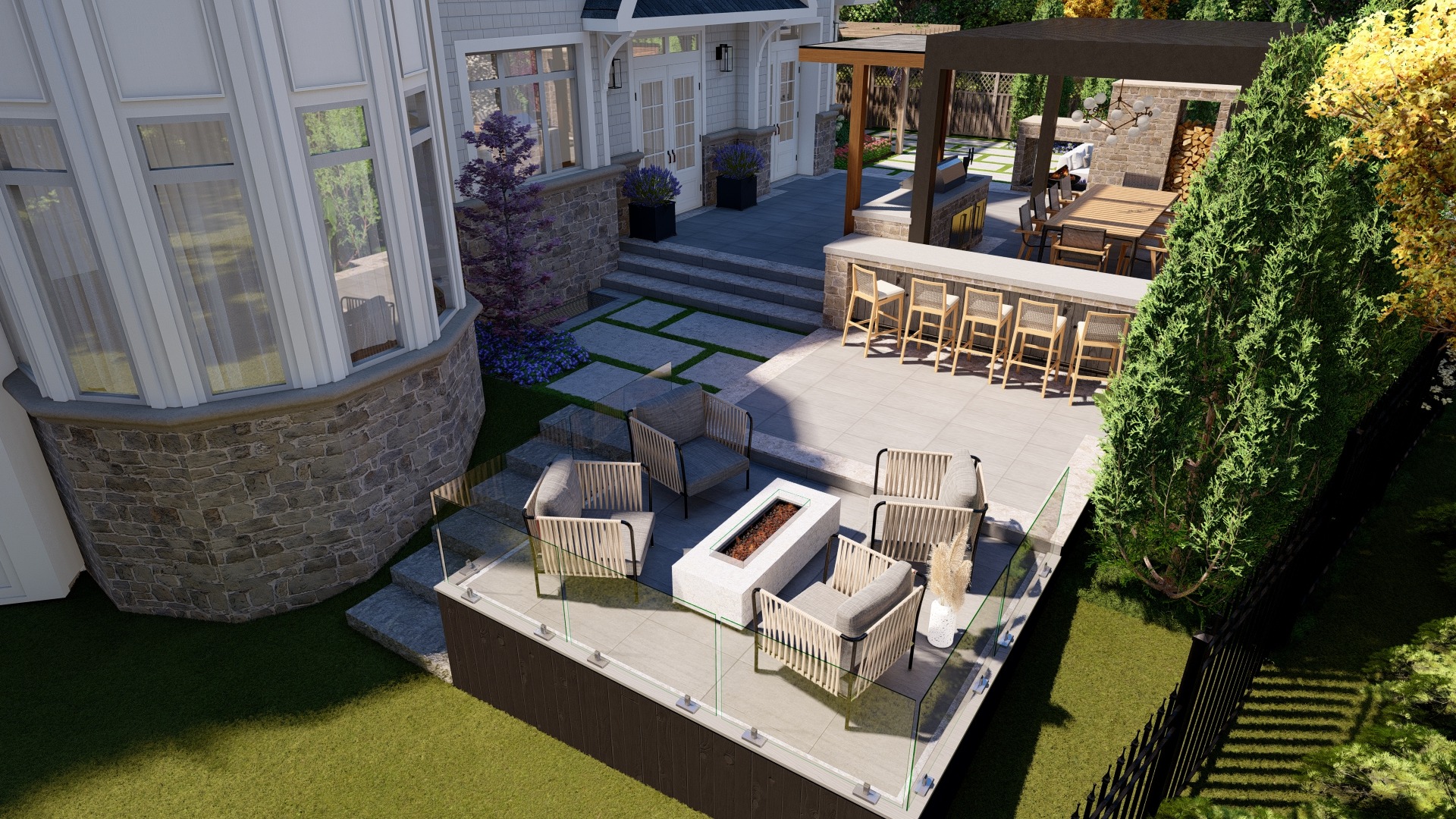 Luxurious outdoor patio featuring comfortable seating, a fire pit, manicured lawns, and an outdoor dining area with a bar and pergola.