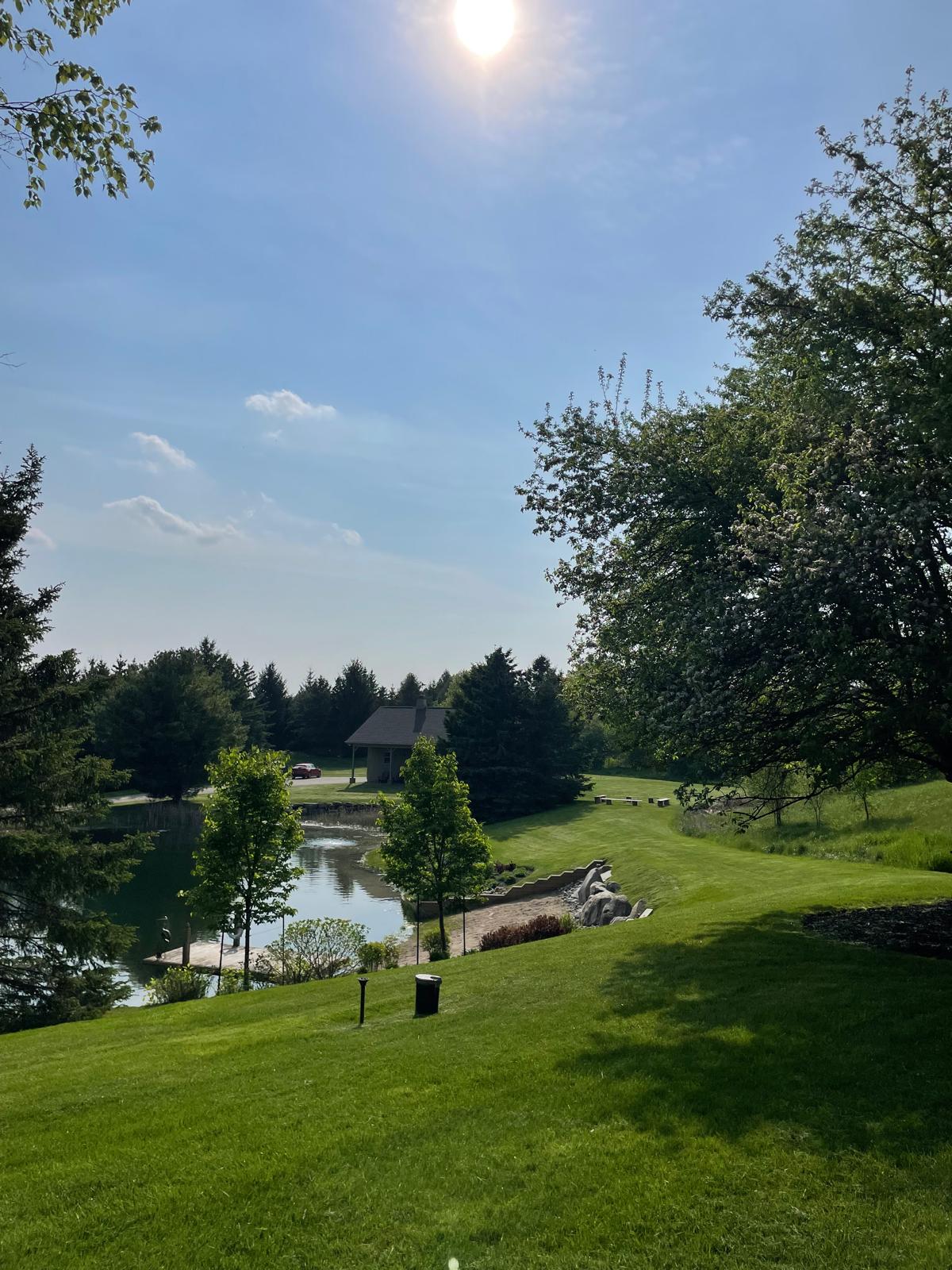 This image shows a serene landscape with a pond, green lawn, trees, and a sunny sky. A house is visible in the background across the water.