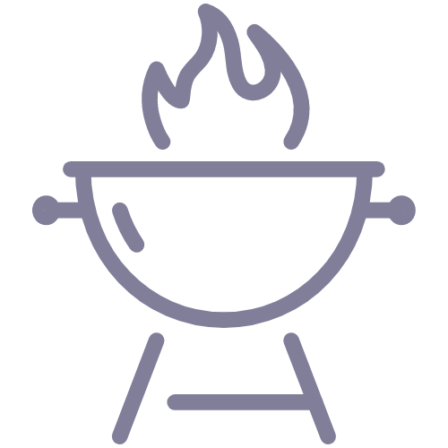 This is a simple line drawing of a barbecue grill. It features a bowl-shaped container on a stand with flames coming from the top, indicating heat or cooking.