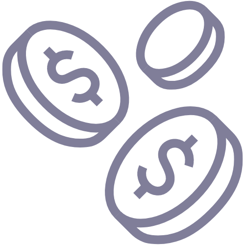 The image shows three stylized coins with dollar currency symbols on them, depicted in a simplistic and two-dimensional manner, with a drop shadow effect.