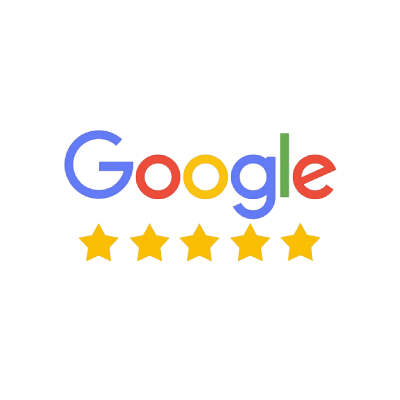 The image features the Google logo in its characteristic blue, red, yellow, and green colors, placed above five gold stars aligned horizontally, suggesting a rating.