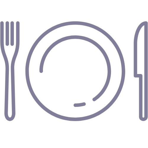 This image displays a stylized representation of a dining setting with a plate in the center, flanked by a fork on the left and a knife on the right.