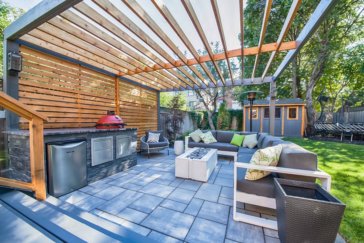 Cedar pergola with privacy wall, paver patio, fire pit, and outdoor kitchen