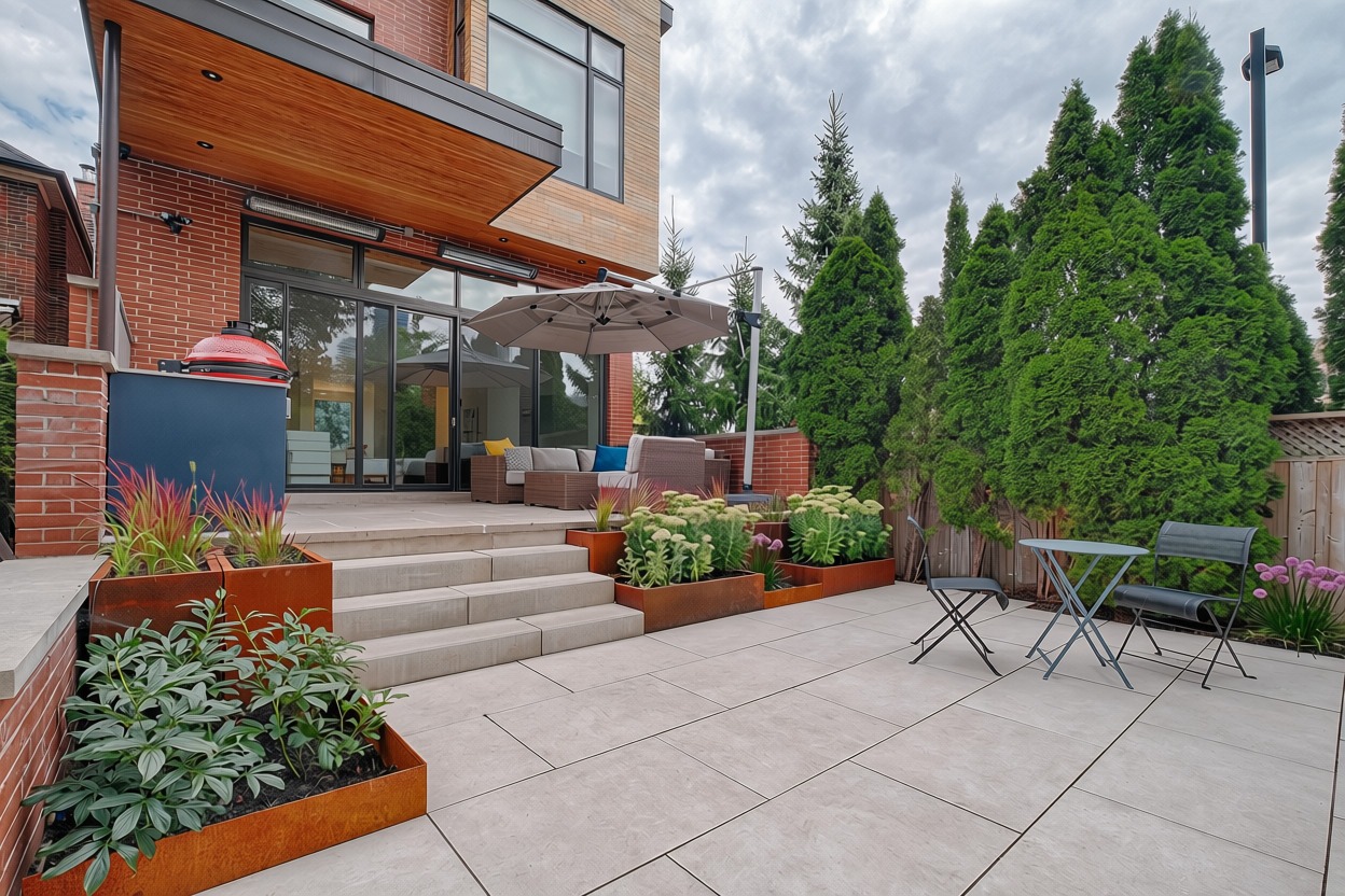 Modern backyard with concrete paver patio, corten steel planters, outdoor kitchen, and cantilever umbrella